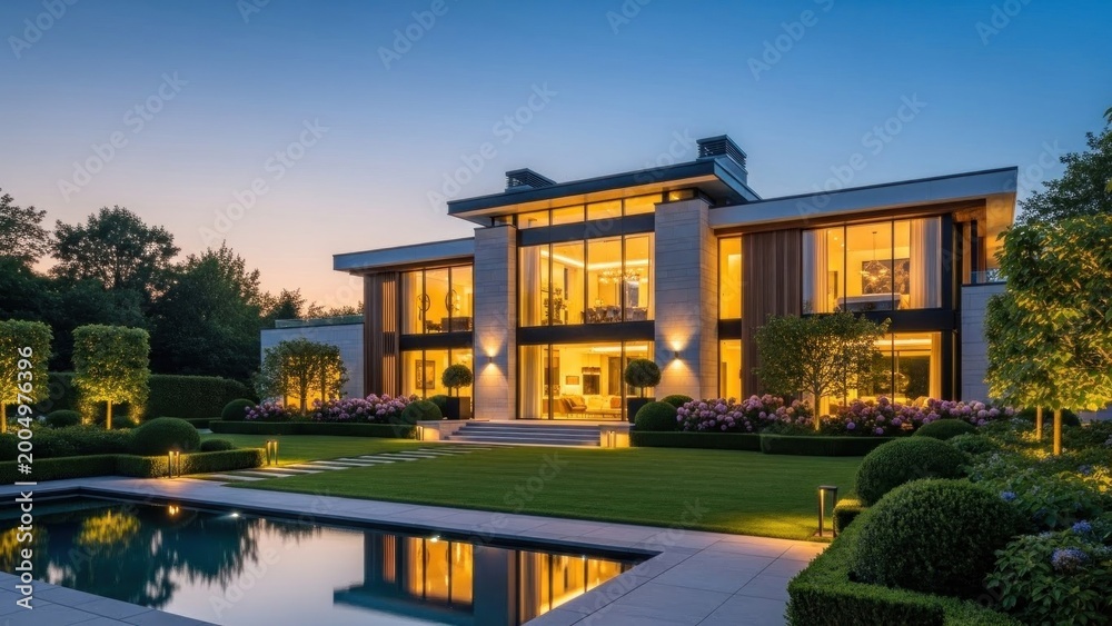 Fototapeta premium A large, modern house with a well-manicured lawn and pool at dusk