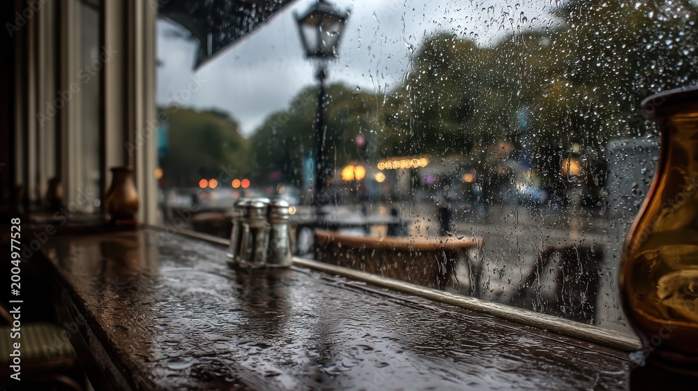 Obraz premium Rain falls on a window with dark clouds in the background while people walk by on the street in a city during an evening