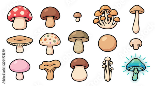 Schilderij op canvas A vibrant collection of diverse cartoon-style mushrooms, showcasing various shapes, sizes, and colors in a playful illustration