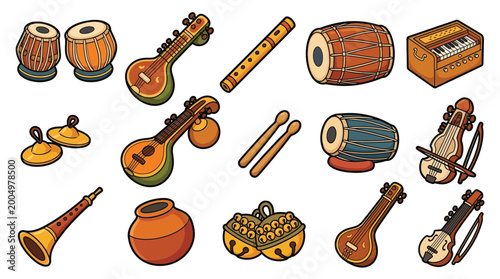 Tableau sur toile A vibrant collection of Indian musical instruments, showcasing traditional percussion, string, and wind instruments