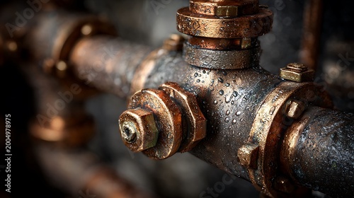 Close up of an industrial bronze and steel plumbing valve with water droplets.