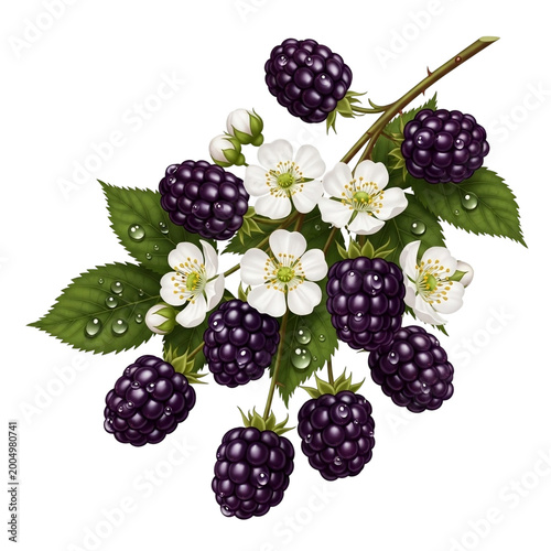 Fresh blackberries with green leaves and white flowers isolated on transparent background