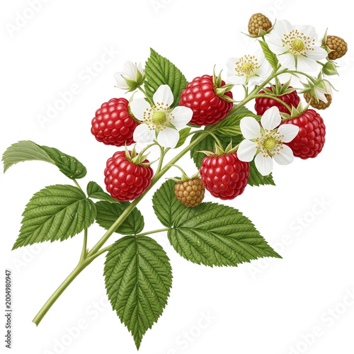 Fresh red raspberries with green leaves and white flowers isolated on transparent background