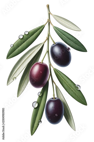 Fresh black olives on a branch with green leaves isolated on transparent background