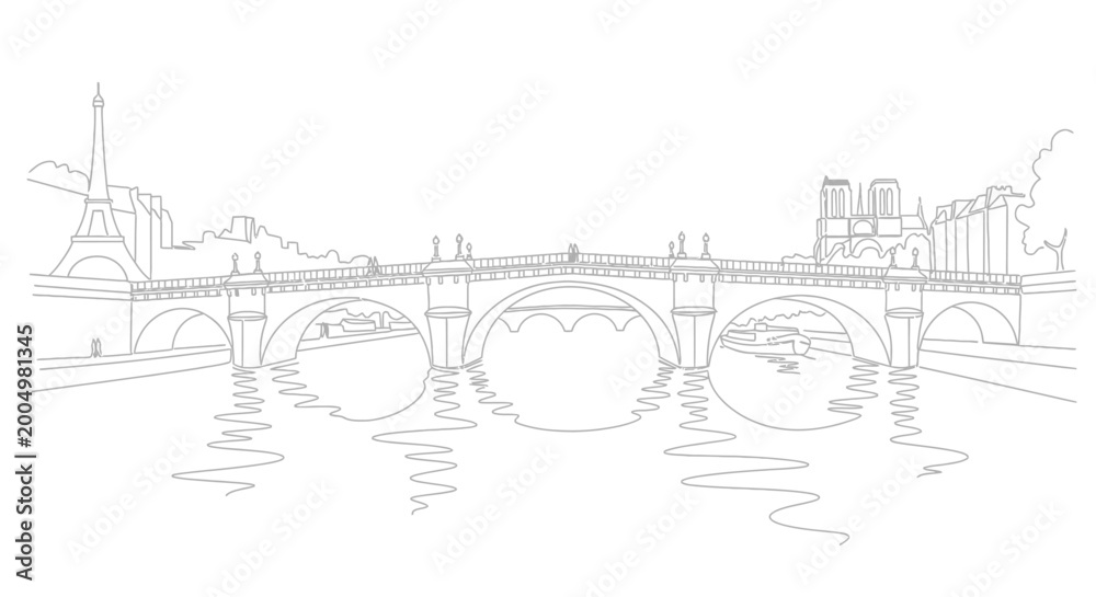Fototapeta premium Parisian Bridge Sketch: Eiffel Tower & Notre Dame Outline