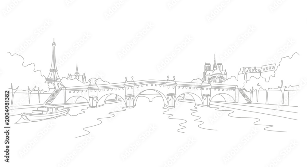 Fototapeta premium Parisian Skyline Sketch: Eiffel Tower, Notre Dame, Seine River Bridge, Boat