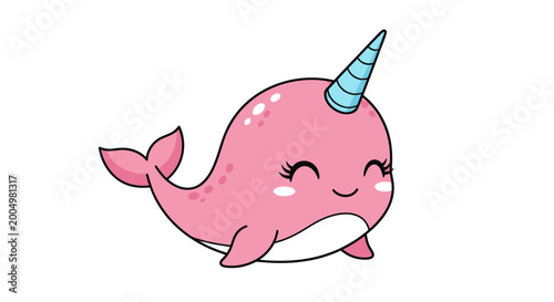 Fotografija Cute Pink Cartoon Narwhal Smiling Face.