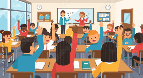 Konstfotografi Diverse students raising hands in classroom, eager to answer teacher's question,