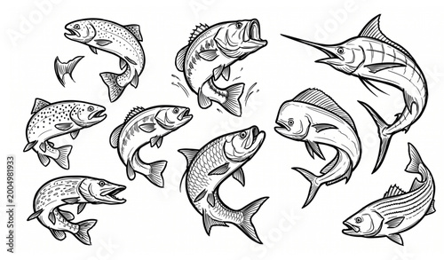 Bild auf Leinwand Fishing fish doodle set trout bass marlin jumping swimming hand drawn vector ill
