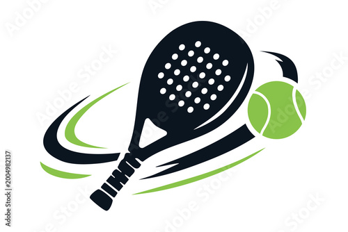 Modern padel sport illustration featuring racket and ball with dynamic motion lines symbolizing speed, action, and energy. Clean vector design ideal for sports branding, activity, competition themes.