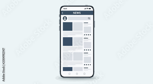 Mobile phone displaying a news feed application with various articles and images on a light grey background