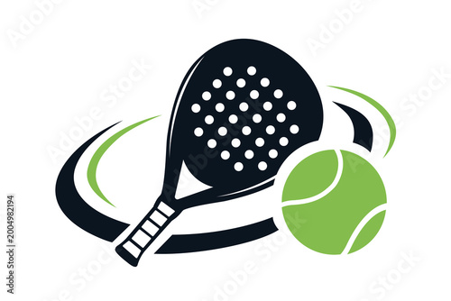 Modern padel sport illustration featuring racket and ball with dynamic motion lines symbolizing speed, action, and energy. Clean vector design ideal for sports branding, activity, competition themes.