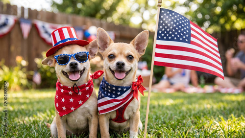 Chihuahua dogs celebrating 4th of July Independence Day with American flag, patriotic outfit and sunglasses, outdoor summer party USA holiday concept copy space