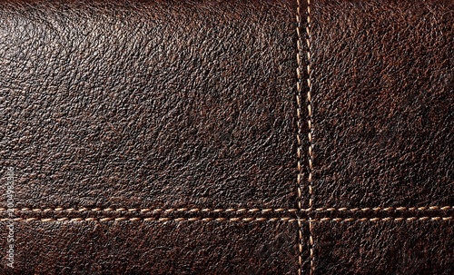 Close-up Texture of Dark Brown Genuine Leather with Visible Stitching Detail