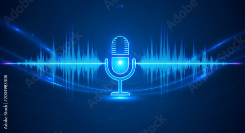 Glowing neon microphone with blue digital sound wave isolated on transparent background