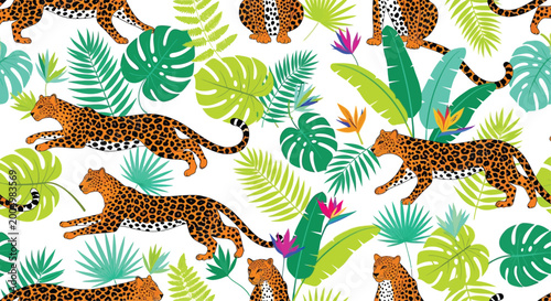 Tropical jungle pattern with leopards, green leaves, and colorful flowers on white background