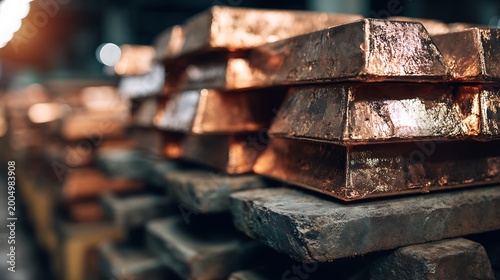 Stack of copper metal ingots in an industrial manufacturing warehouse.