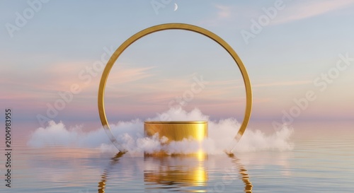 Golden product display podium with circular frame and clouds on water surface at sunset