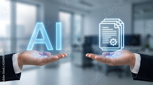 Holographic document and letter a displayed on hands in office setting