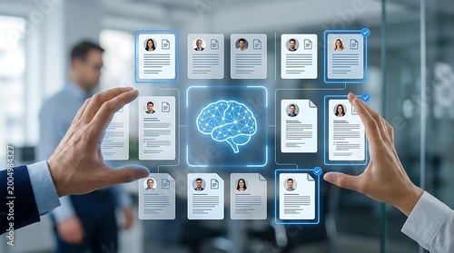 Person selecting research profile cards from brain-themed board