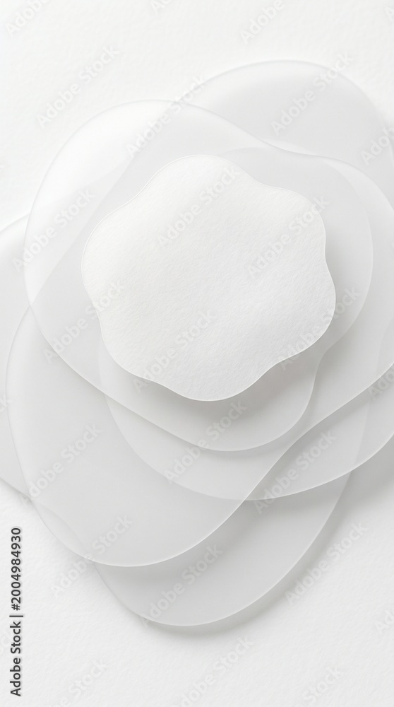 Fototapeta premium white abstract cloud, translucent gel circles, organic liquid shapes, abstract droplet pattern, layered fluid design, clean minimalist aesthetic, flowing serum texture, soft natural light, transparent