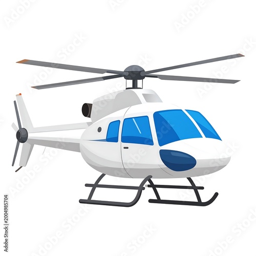 A white helicopter with blue windows