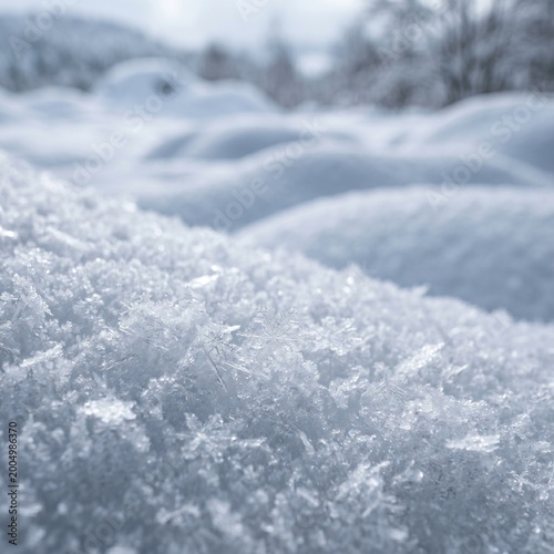fresh white snow, winter morning light, cold crystalline texture, sparkling ice flakes, frozen water crystals, soft snow drifts, winter landscape detail, icy surface background, macro snow photography
