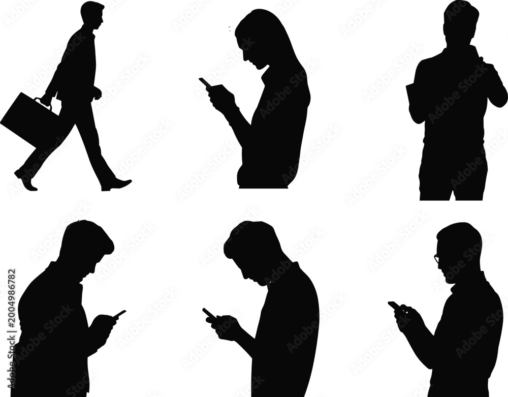 Fototapeta premium Silhouette group of people standing and walking while using smartphones and tablets in modern digital lifestyle concept