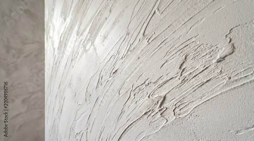 textured wall plaster, white stucco finish, abstract brush strokes, interior design texture, decorative wall coating, rough plaster surface, artistic wall detail, modern home decor, white painted