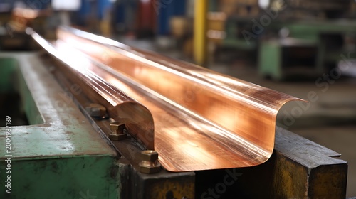 Industrial manufacturing of custom copper gutter profile in metal workshop.