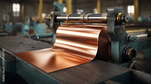 Industrial process of rolling thin copper sheets in a metal manufacturing factory.