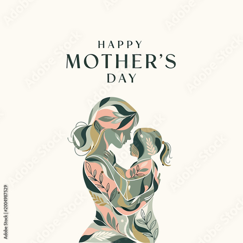 Elegant mother and child silhouette hugging on happy mother's day with floral pattern vector illustration