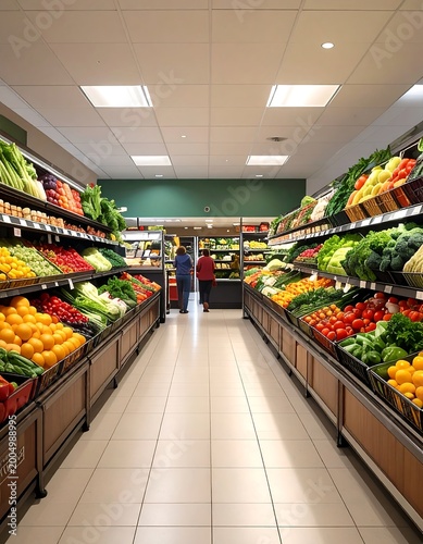 Bright, produce-filled grocery aisle with shoppers
