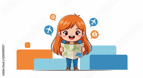Chibi girl traveler holding map ready for adventure.