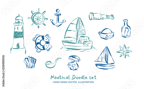 Hand-drawn Whimsical nautical doodle set, Sketch with sailboat lighthouse anchor ship wheel and marine life icons 
