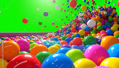 Brightly colored balls cascade in a playful ocean of blue