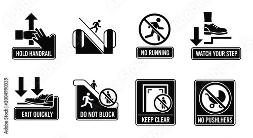 Escalator and safety sign icons black vector symbols on white