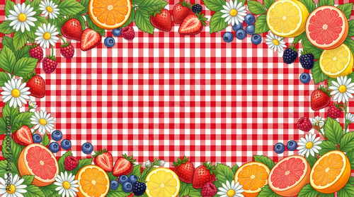 A charming summer picnic blanket with a border of fresh fruits and flowers, perfect for outdoor gatherings and vibrant celebrations