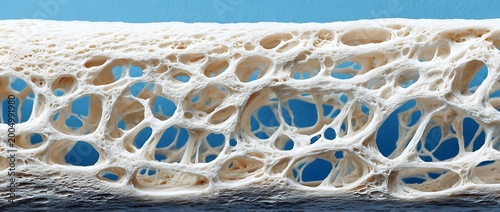 Close-animated movie macro reveals the intricate porous structure of trabecular bone tissue against a vibrant blue