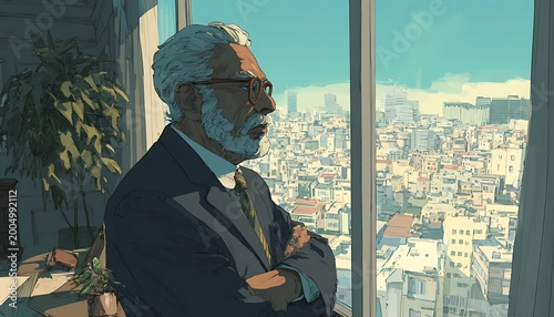 Mature man with gray hair and beard wearing glasses and a suit, looking out a large window at a city skyline, arms crossed