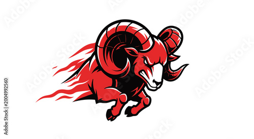 Photography Aggressive Red Ram Mascot Charging with Fiery Mane