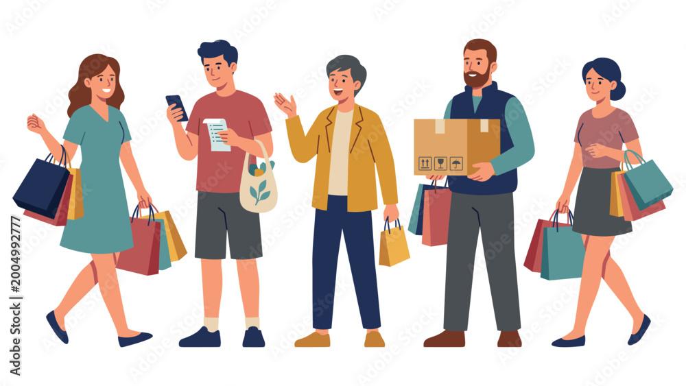 Fototapeta premium Diverse group of happy people enjoying shopping, carrying bags and packages.