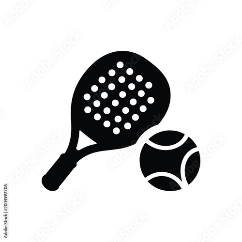 A black silhouette icon of a padel racket and ball on a white background.