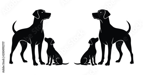 Konstfotografi Black Silhouette Dog Family Vector, Two Adult Dogs and Two Puppies, Canine Compa