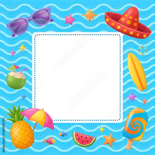 Summer vacation graphic elements like sunglasses, a pineapple, a coconut drink, and a surfboard on a blue wavy background, perfect for travel and holiday designs