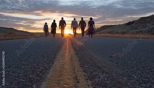 Silhouettes of six people walking single file down a desolate road towards a vibrant sunset with clouds and sun rays