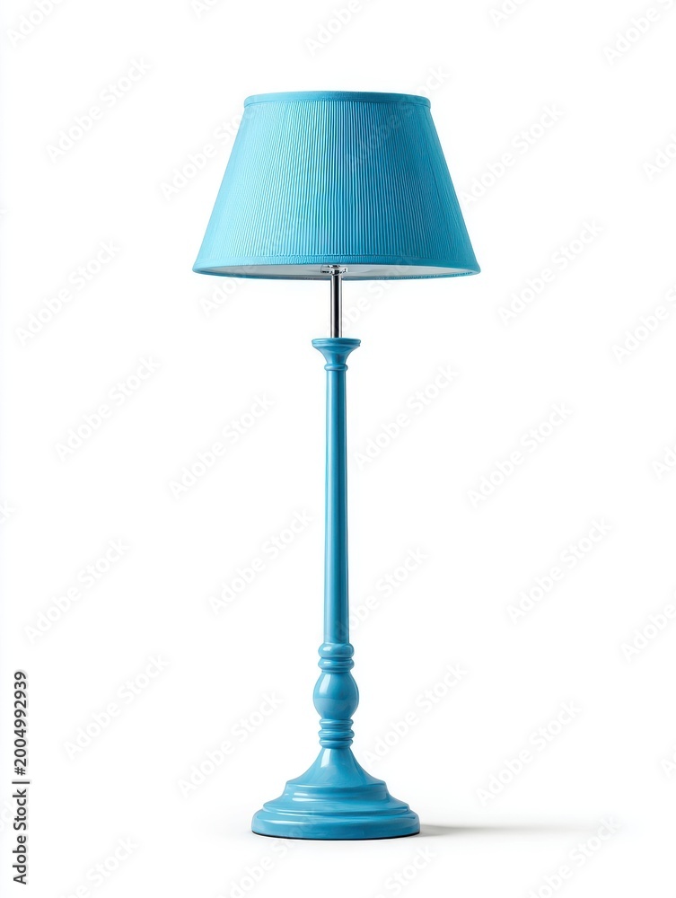 Fototapeta premium Turquoise Blue Tall Floor Lamp With Matching Drum Shade On White Background Studio Shot