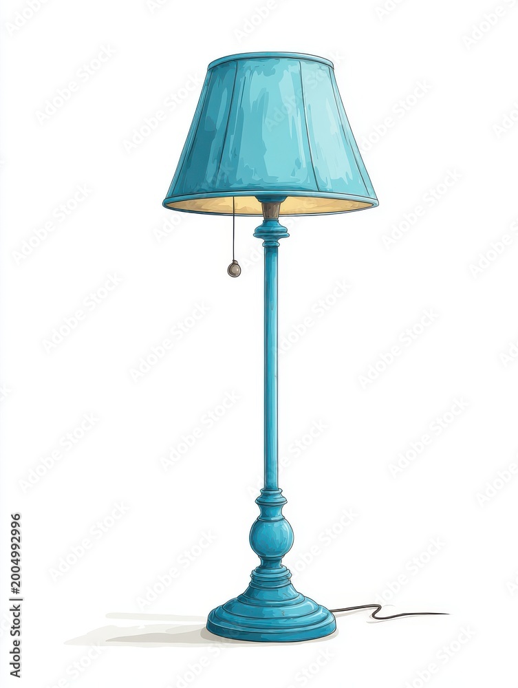 Obraz premium Turquoise Floor Lamp With Cream Lampshade And Warm Light On White Background