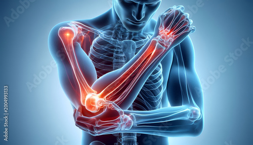 3D anatomy illustration highlighting the elbow joint in human arm anatomy