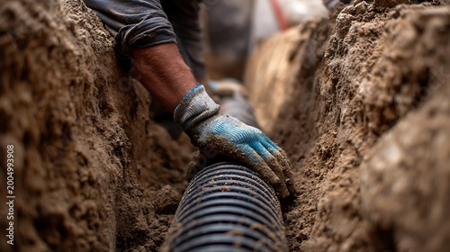 Construction worker wearing protective gloves carefully positions a corrugated drainage pipe within a freshly dug trench filled with soil